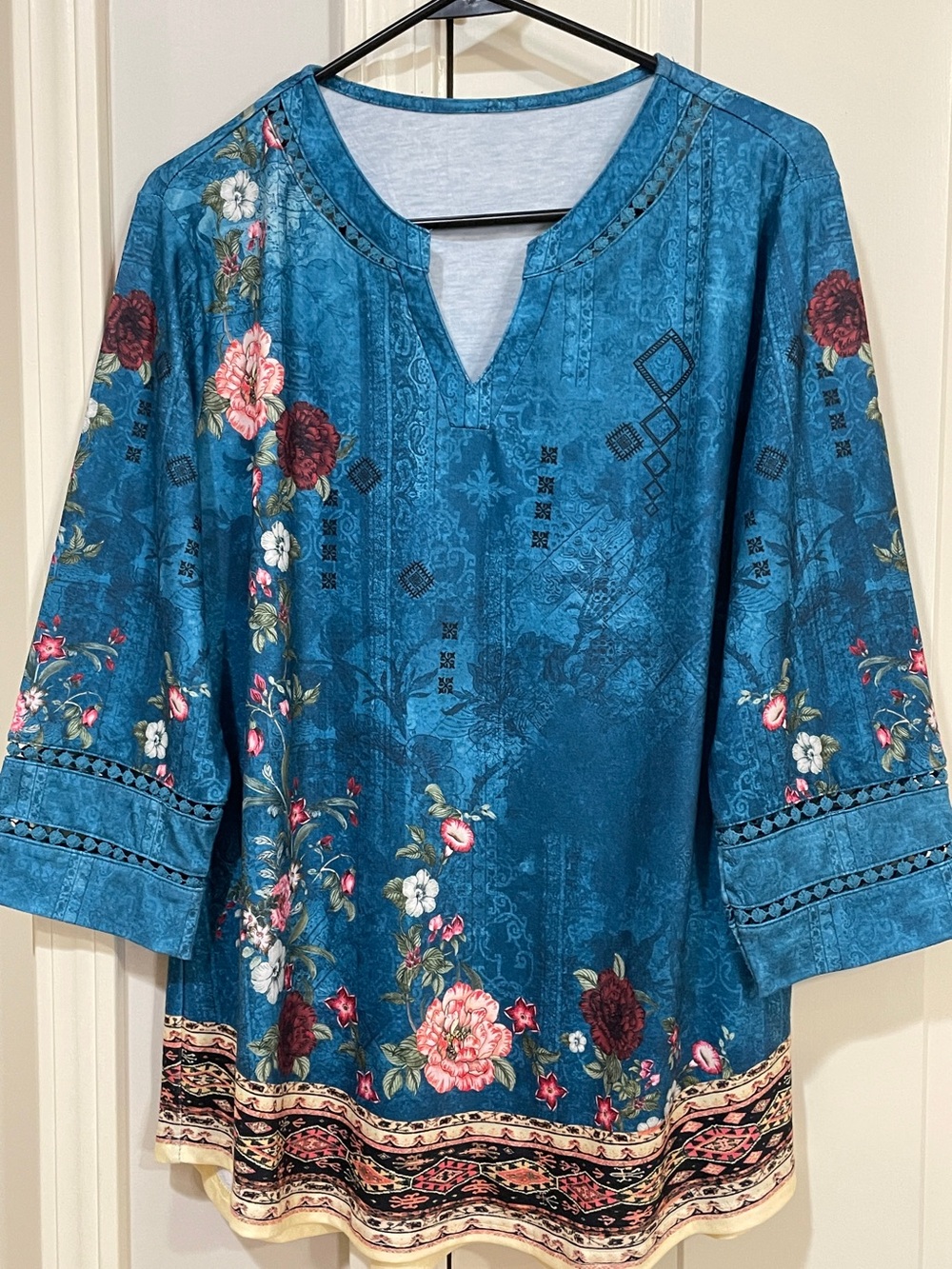 Ivicoer Fashion Women's Teal Floral Split-Detail Tunic Top